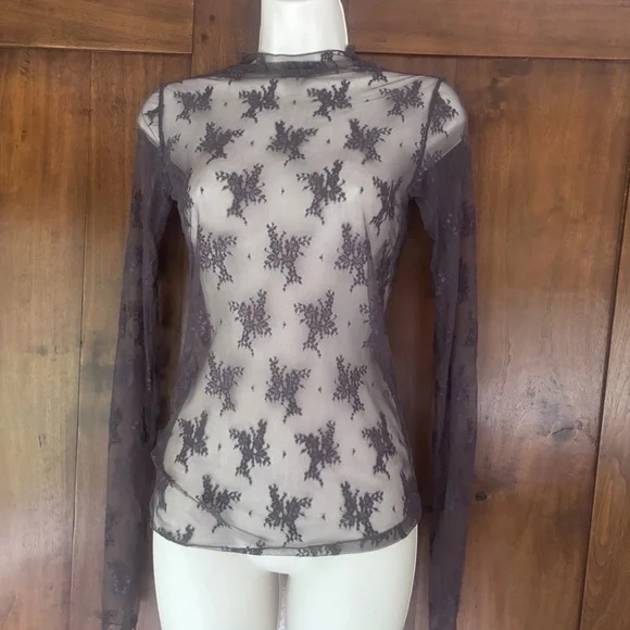 Free People Intimates Lady Luck Layering Top Black Sand Small Lace Long Sleeve - Picture 7 of 8